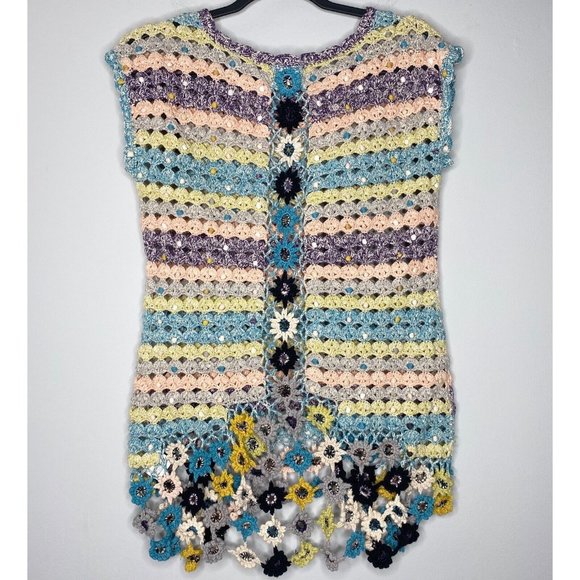 Anthropologie Edie Open Crochet Top Embellished Flower Sleeveless Sweater Knit M - Picture 5 of 10